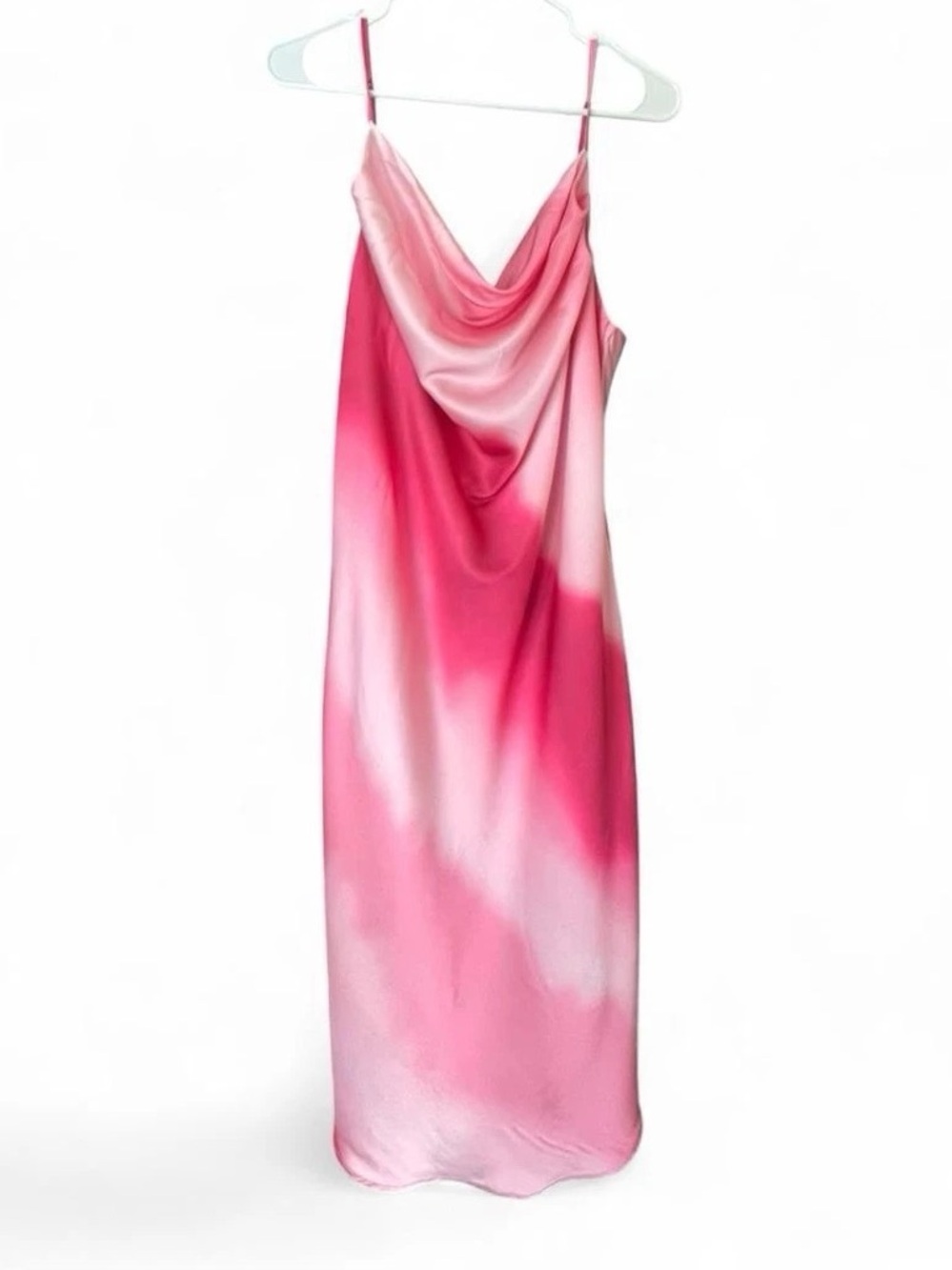 Pink Ombre Satin Cowl Neck Dress Women's Midi Dress